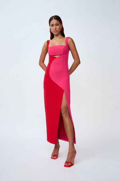 Caterina Two Tone Curve Midi | Final Sale - Pink Red BY JOHNNY. Caterina Two Tone Curve Midi | Final Sale - Pink Red BY JOHNNY.