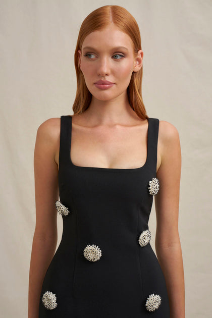 black dress pearls Beverie Pearl Halter Maxi Dress Black