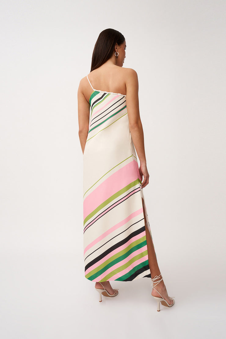 Lola Stripe One Shoulder Dress - Ivory Green Black Multi