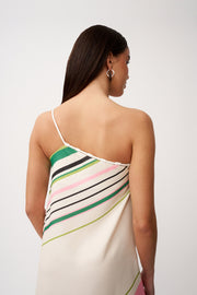 Lola Stripe One Shoulder Dress - Ivory Green Black Multi