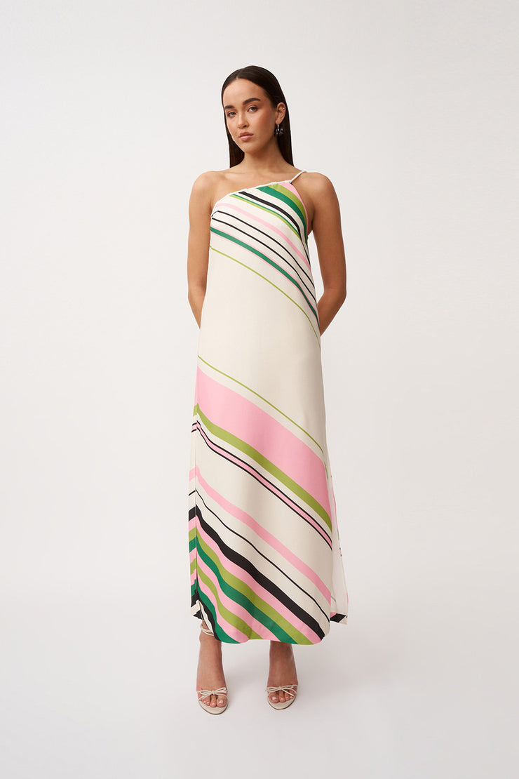 Lola Stripe One Shoulder Dress - Ivory Green Black Multi