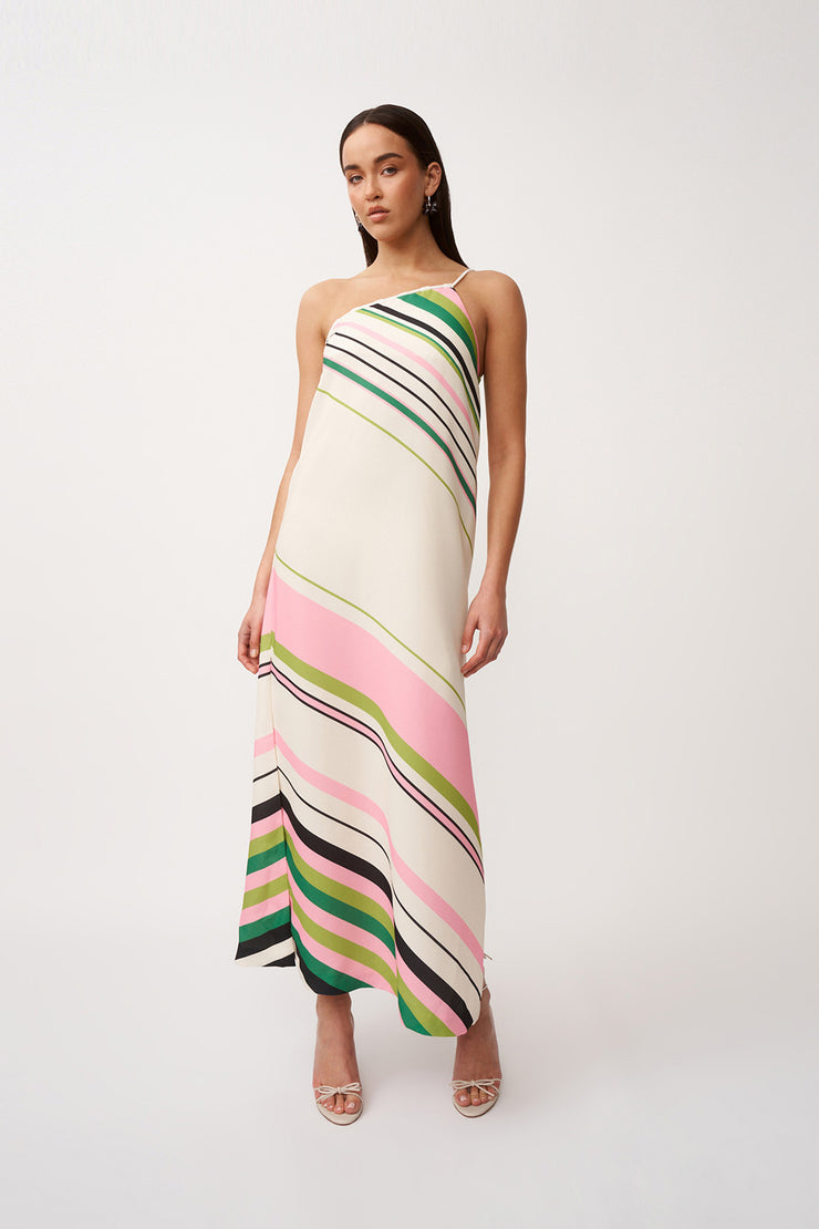 Lola Stripe One Shoulder Dress - Ivory Green Black Multi