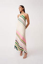 Lola Stripe One Shoulder Dress - Ivory Green Black Multi