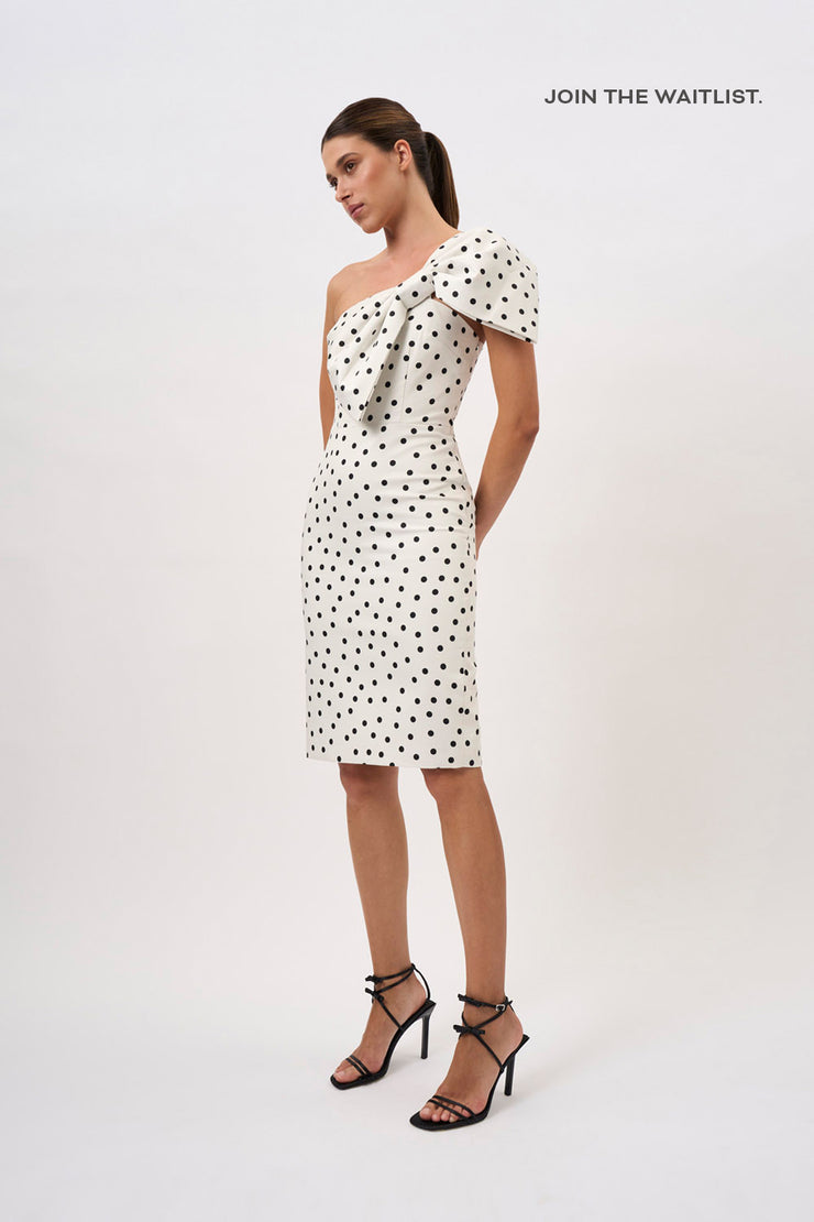 Anaya Asymmetric Spot Midi Dress Ivory Black BY JOHNNY