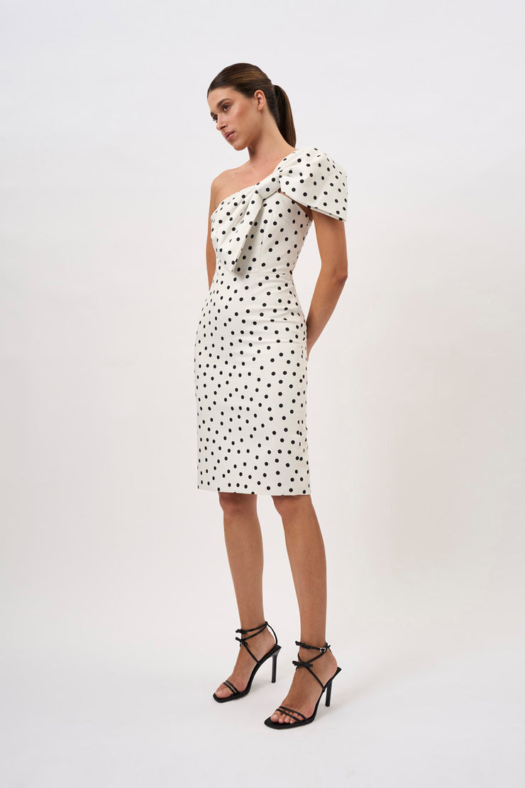 Anaya Asymmetric Spot Midi Dress - Ivory Black