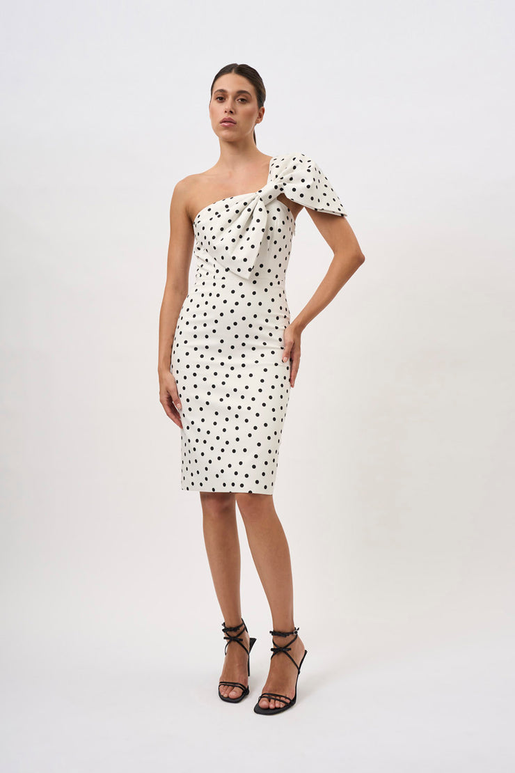 Anaya Asymmetric Spot Midi Dress - Ivory Black