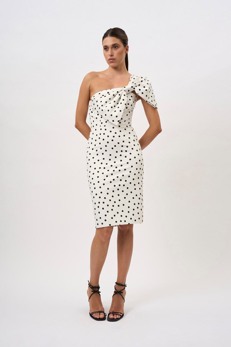 Anaya Asymmetric Spot Midi Dress - Ivory Black