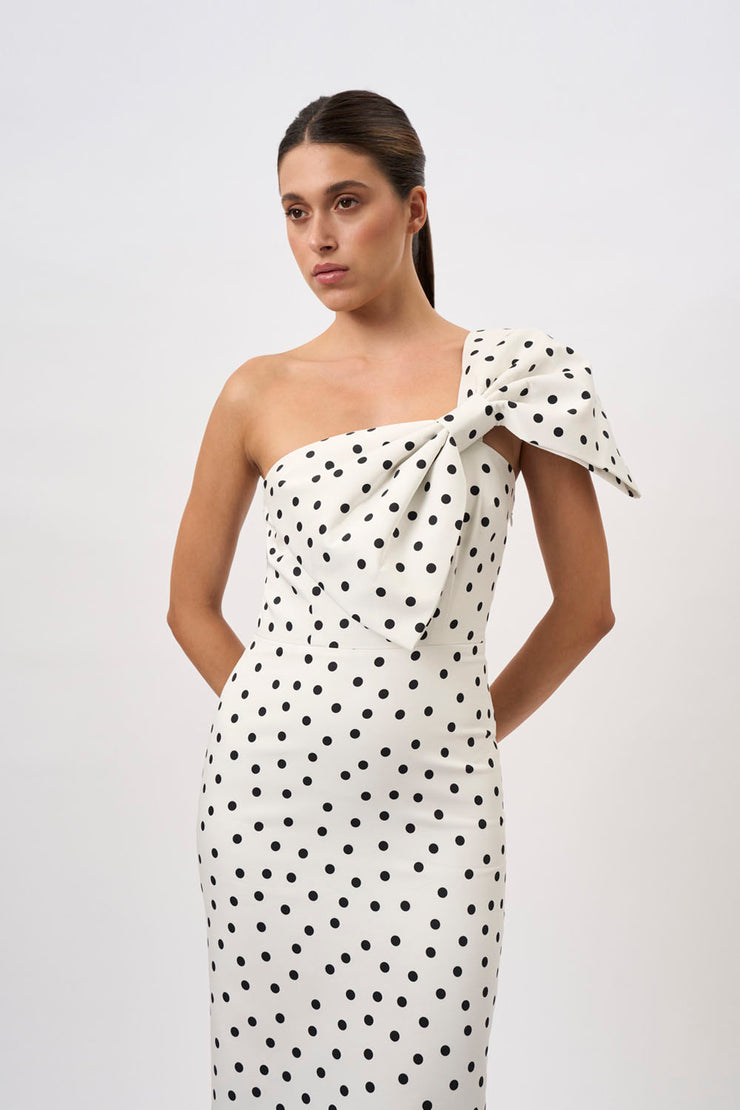 Anaya Asymmetric Spot Midi Dress - Ivory Black