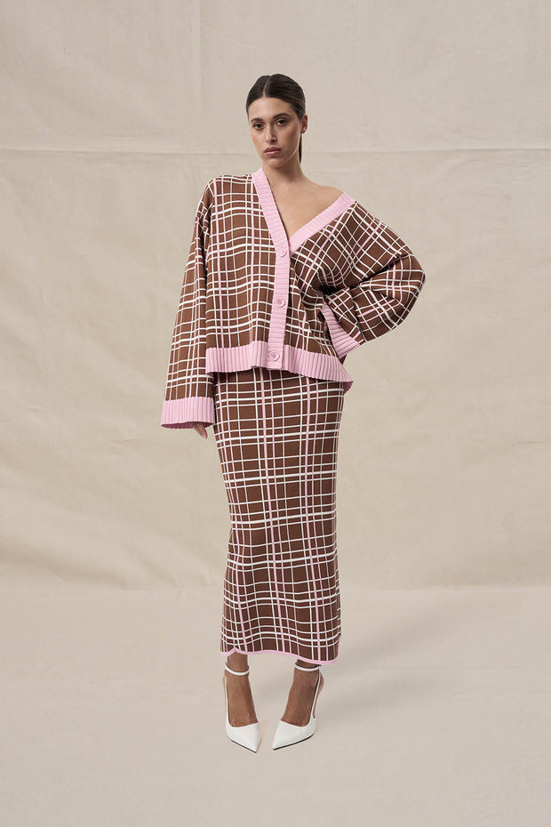 Carolina Check Knit Ankle Skirt - Brown Pink