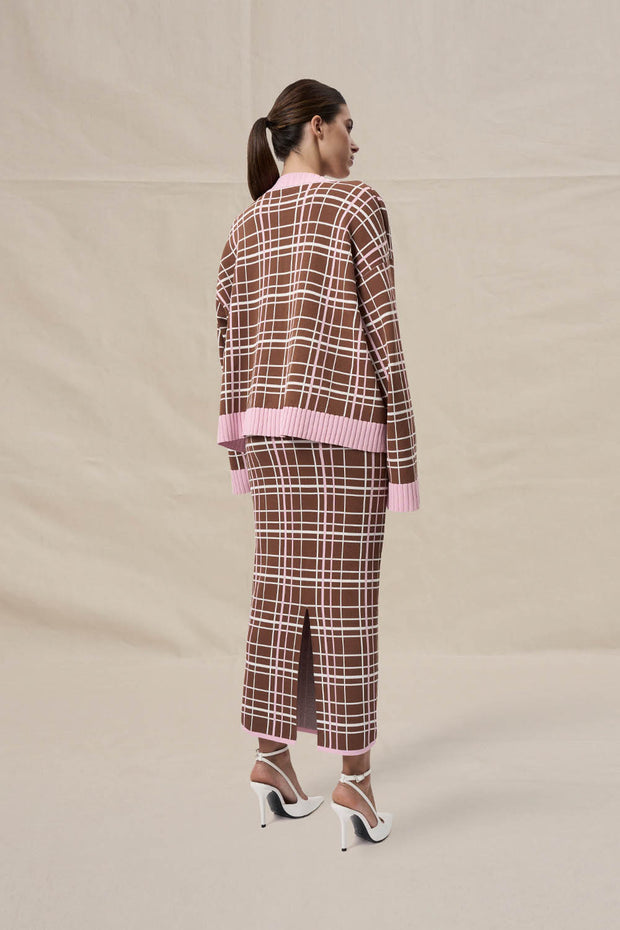 Carolina Check Knit Ankle Skirt - Brown Pink