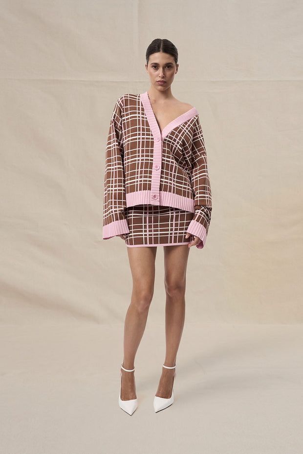 Carolina Check Knit Mini Skirt - Brown Pink