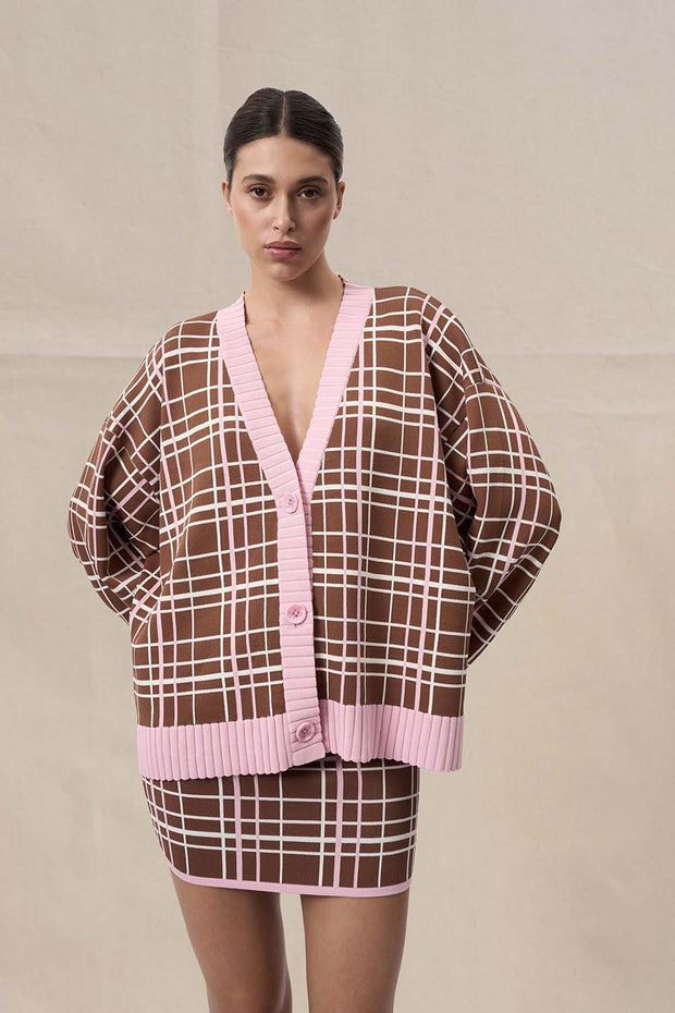 Carolina Check Knit Mini Skirt - Brown Pink