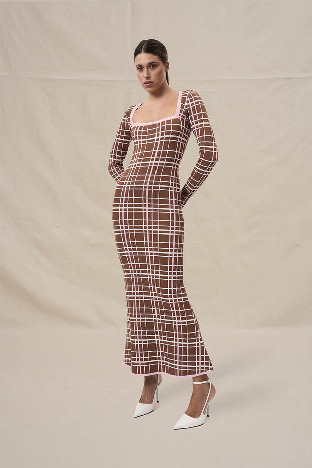 Carolina Check Knit Dress - Brown Pink