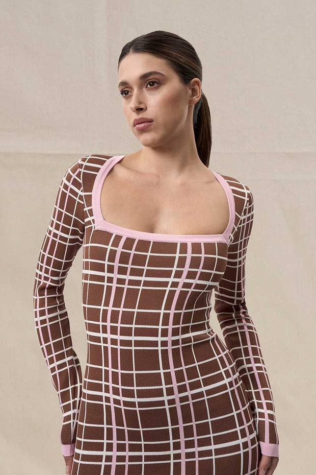 Carolina Check Knit Dress - Brown Pink