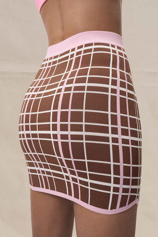 Carolina Check Knit Mini Skirt - Brown Pink