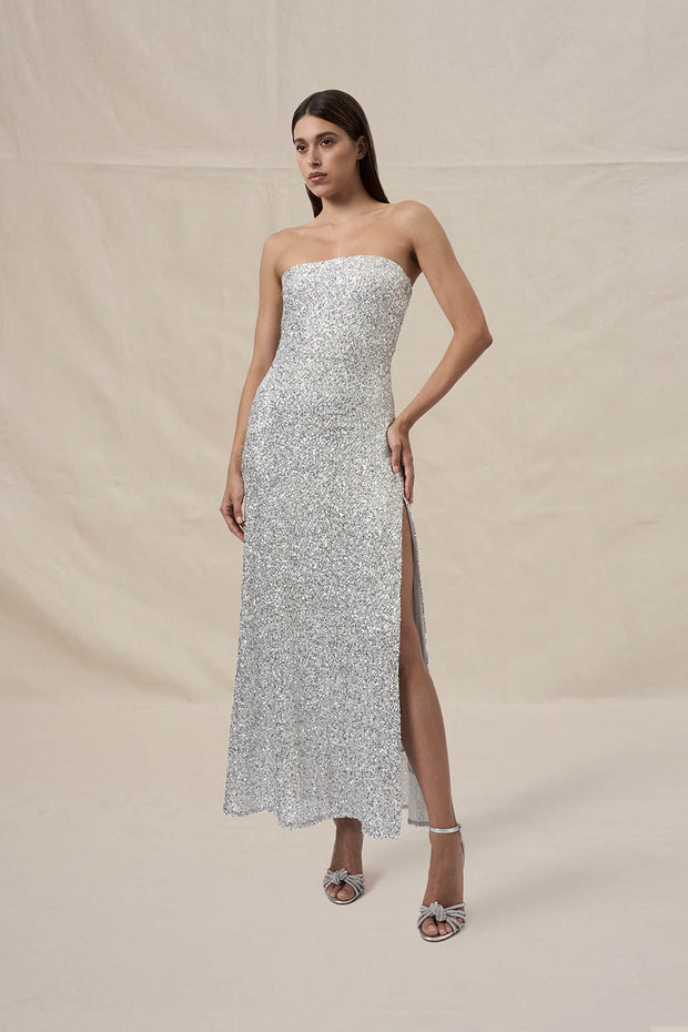 Skylar Sequin Long Line Dress - Brushed Silver