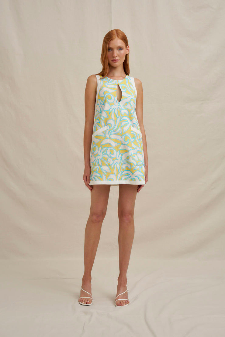 Painted Palm Contrast Mini Dress - Yellow Blue Ivory