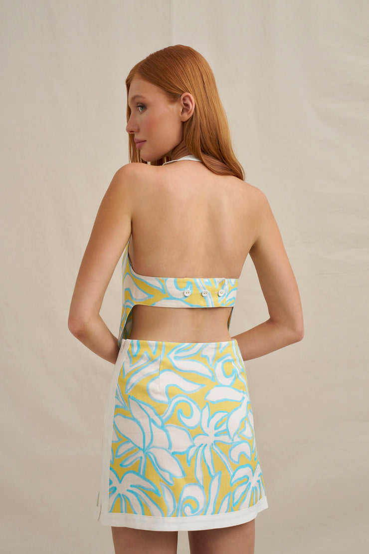 Painted Palm Shell Top - Yellow Blue Ivory