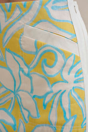 Painted Palm Contrast Mini Skirt - Yellow Blue Ivory