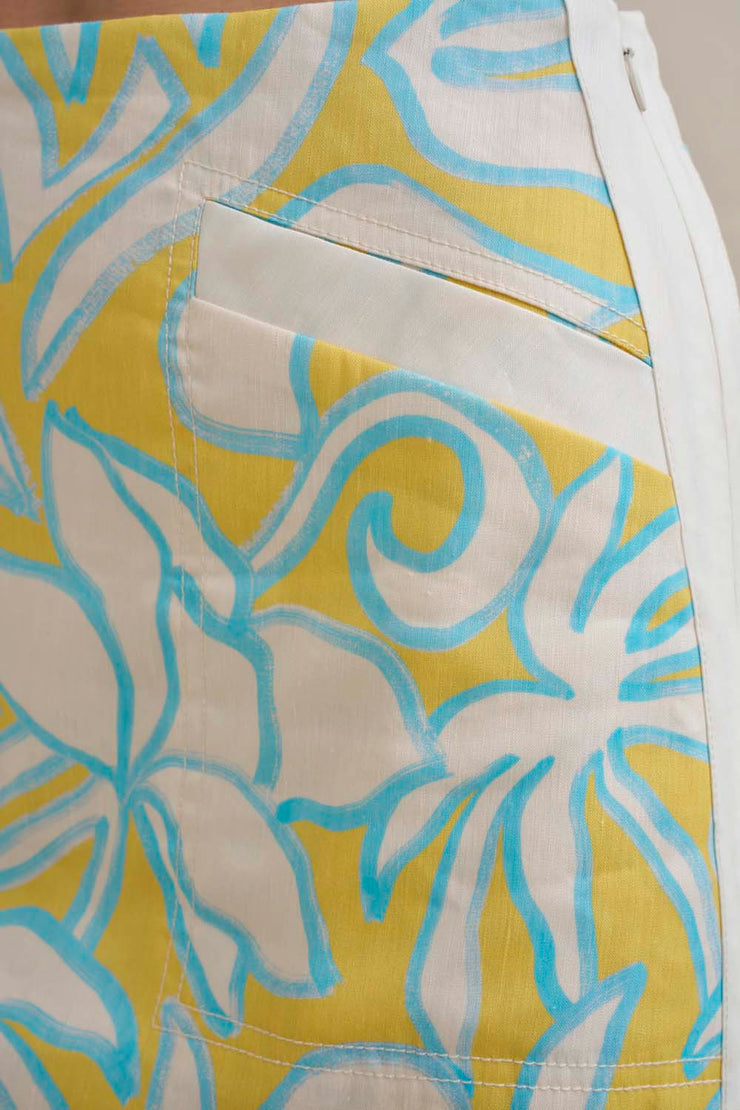 Painted Palm Contrast Mini Skirt - Yellow Blue Ivory