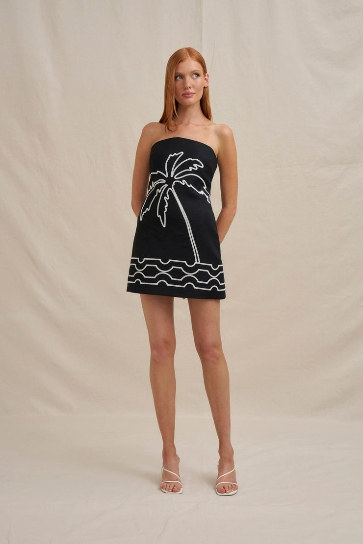 Paradise Palm Strapless Mini Dress - Ivory Black