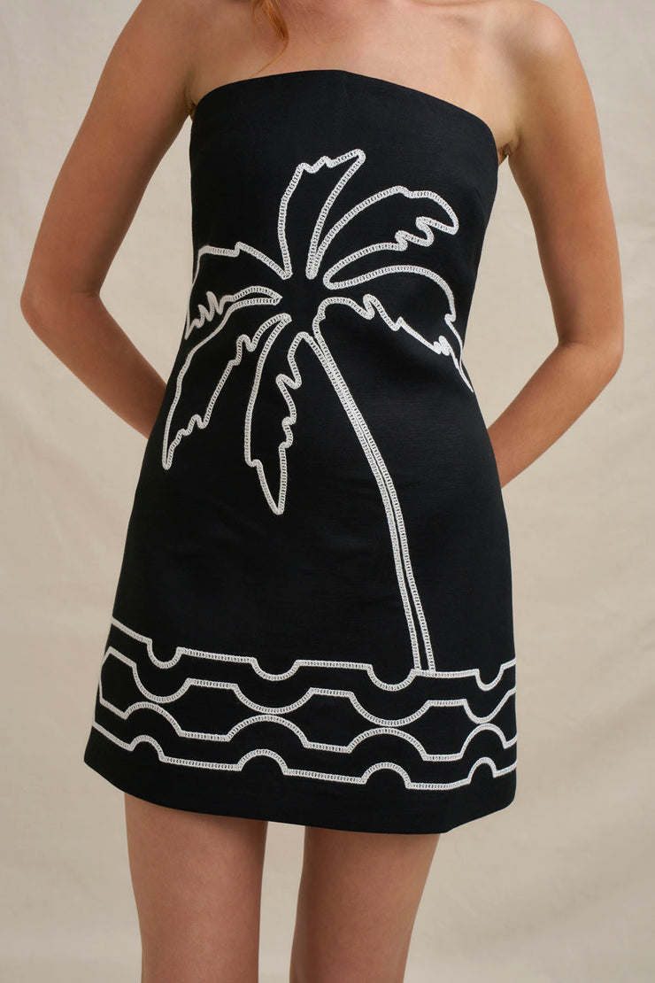 Paradise Palm Strapless Mini Dress - Ivory Black