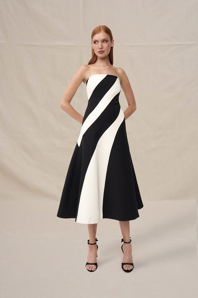 Louise Panel Strapless Midi Dress - Ivory Black