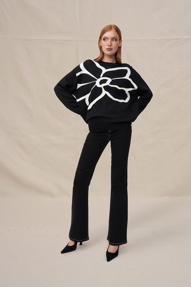 Flower Knit Sweater - Ivory Black