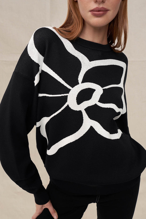 Flower Knit Sweater - Ivory Black