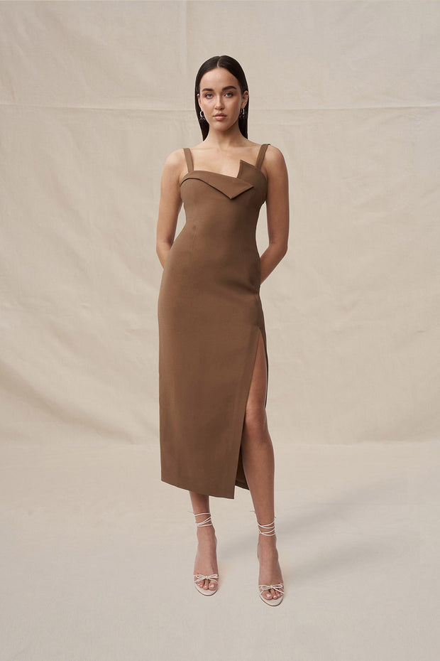 Phillipa Fold Contrast Midi Dress - Chocolate Brown