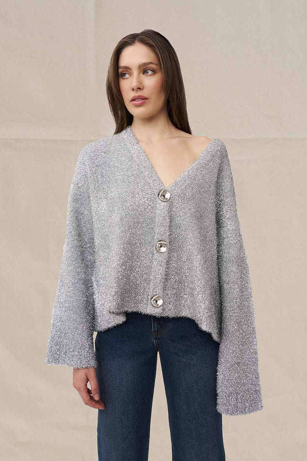 Chrome Knit Oversized Cardi - Silver
