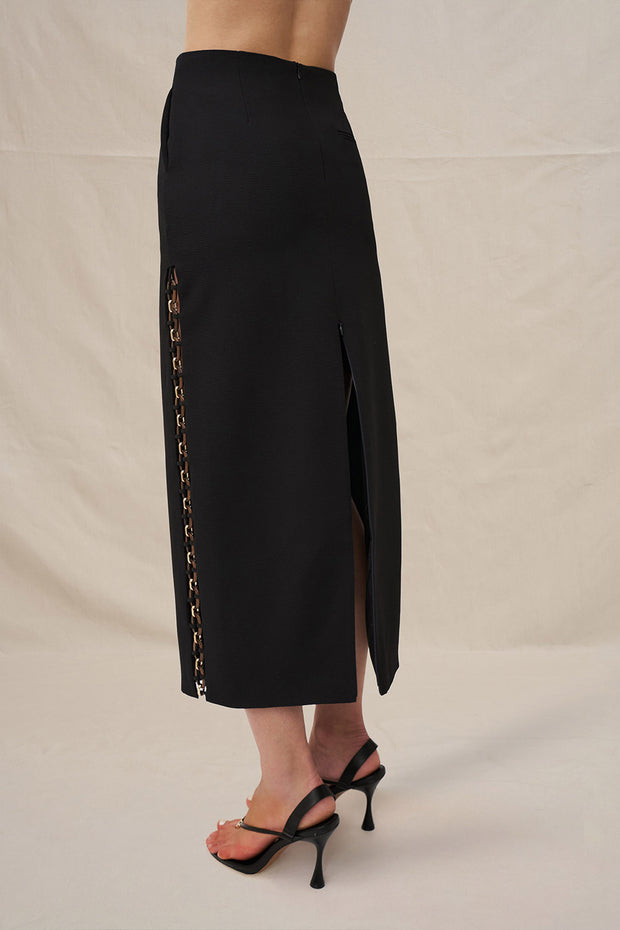 Chain Trim Longline Skirt - Black