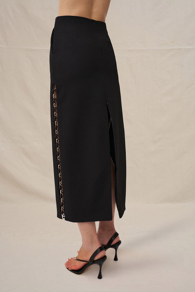 Chain Trim Longline Skirt - Black