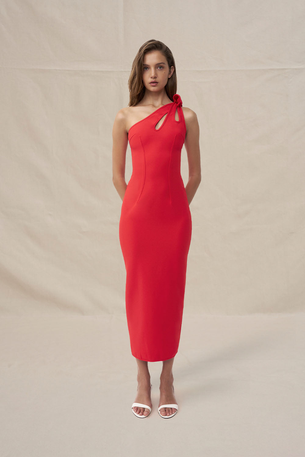 Chiara One Shoulder Midi Dress - Red BY JOHNNY. Chiara One Shoulder Midi Dress - Red BY JOHNNY.