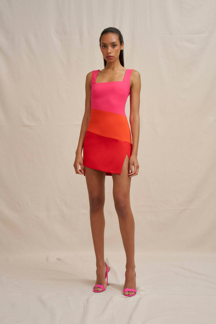 Technicolour Mini Dress - Pink Orange Red