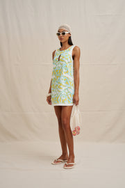 Painted Palm Contrast Mini Dress - Yellow Blue Ivory