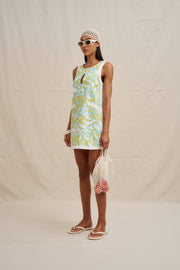 Painted Palm Contrast Mini Dress - Yellow Blue Ivory