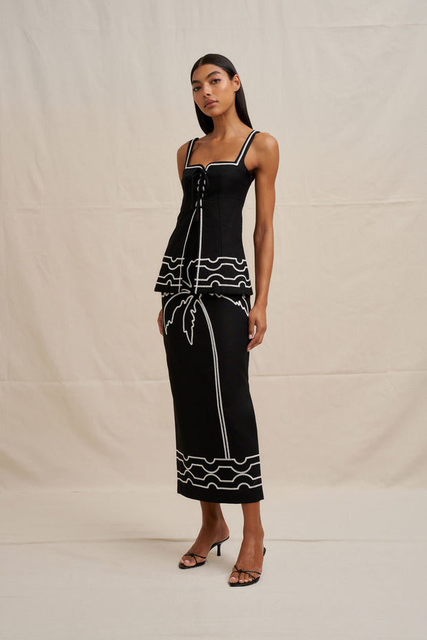 Paradise Palm Ankle Skirt - Ivory Black