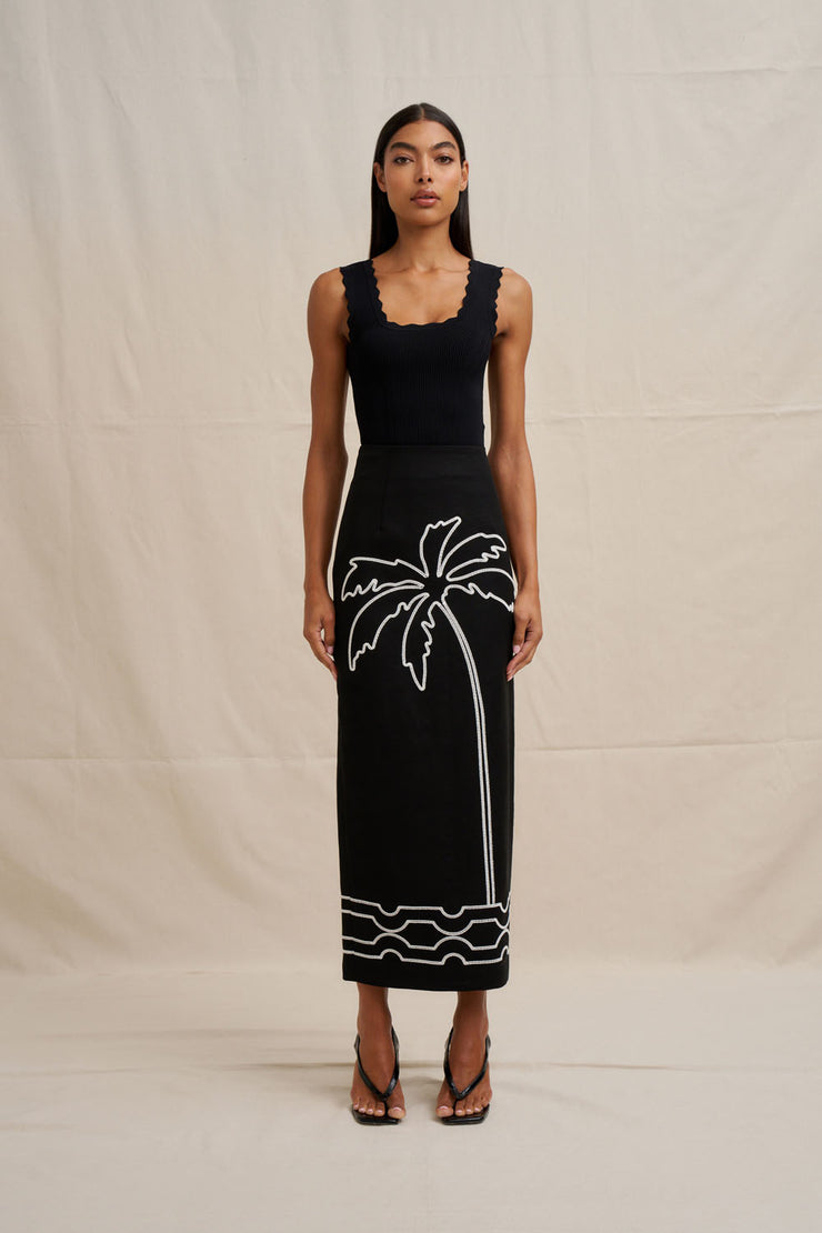Paradise Palm Ankle Skirt - Ivory Black
