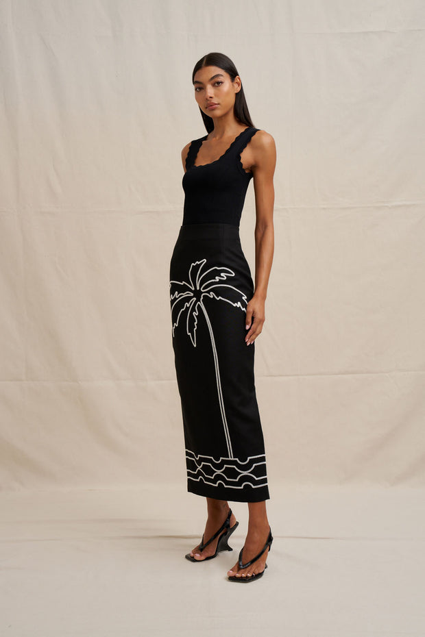 Paradise Palm Ankle Skirt - Ivory Black