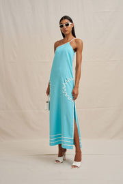 Oasis One Shoulder Maxi Dress - Ivory Aqua Blue