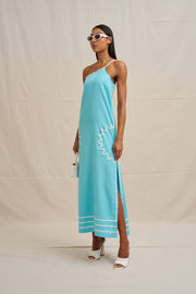 Oasis One Shoulder Maxi Dress - Ivory Aqua Blue