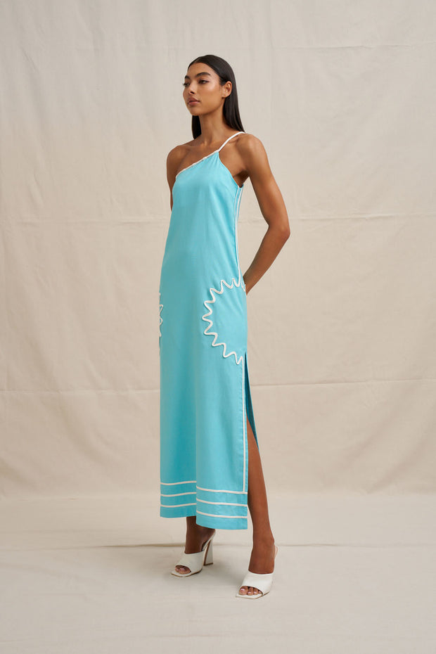 Oasis One Shoulder Maxi Dress - Ivory Aqua Blue