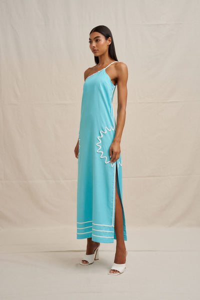 Oasis One Shoulder Maxi Dress - Ivory Aqua Blue