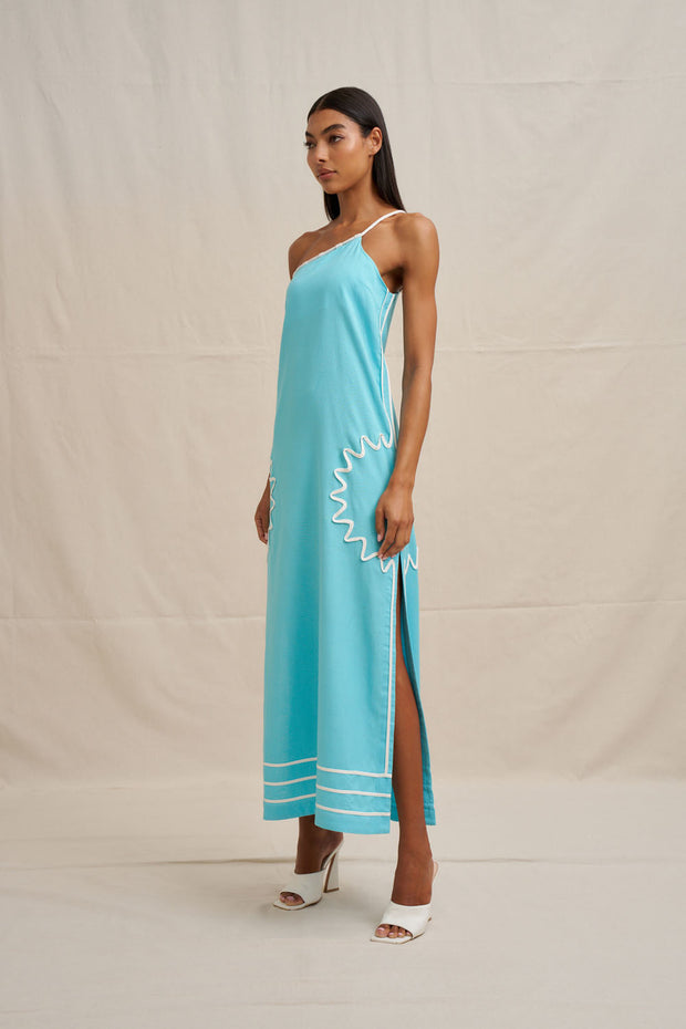 Oasis One Shoulder Maxi Dress - Ivory Aqua Blue