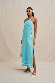 Oasis One Shoulder Maxi Dress - Ivory Aqua Blue