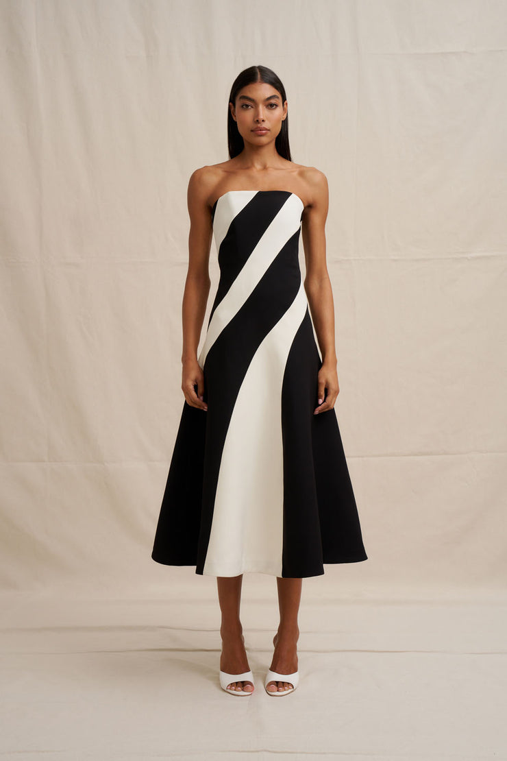 Louise Panel Strapless Midi Dress - Ivory Black