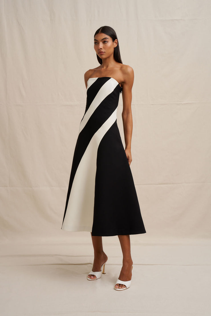 Louise Panel Strapless Midi Dress - Ivory Black BY JOHNNY. Louise Panel Strapless Midi Dress - Ivory Black BY JOHNNY.