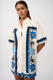 Azure Granada Flower Shirt - Aqua Navy Ivory