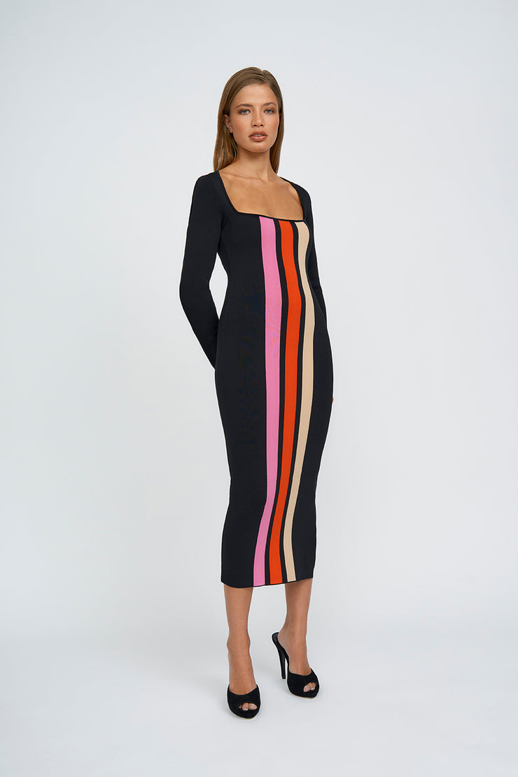 Belt Stripe Knit Midi Dress | Final Sale - Black Pink Multi
